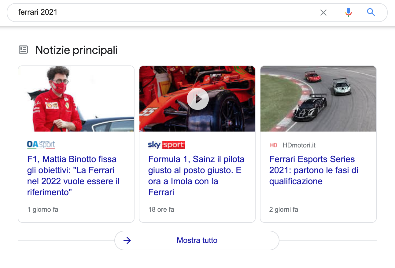 video Ferrari 2021 su Google